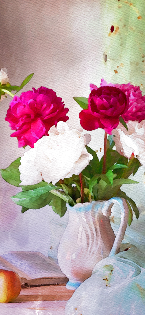 Una pintura de acuarela de peonías rosas y blancas en una jarra blanca con efectos realistas de borde húmedo y pigmento.