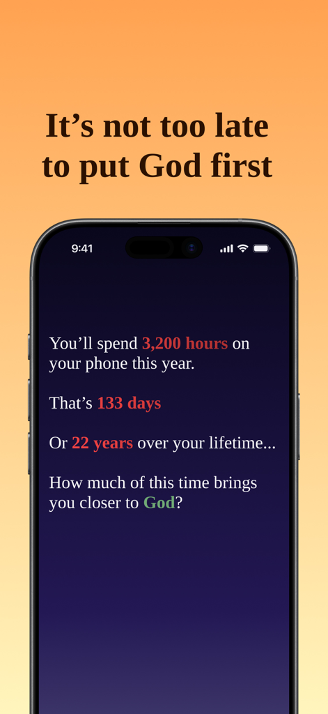 Bible Pause: App Blocker - Bible Pause app screen displaying phone usage statistics and a spiritual reflection prompt