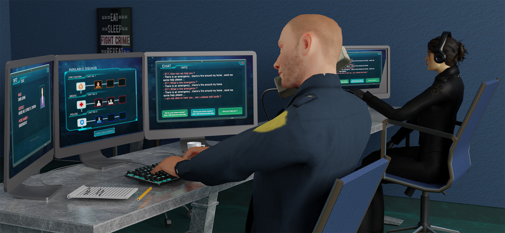911 Emergency Simulator Game - A 911 dispatcher at a desk with multiple monitors managing emergency squads and answering caller chats in a simulator game.