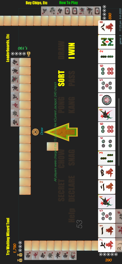 A screenshot of the Pinoy Mahjong mobile game interface showing a traditional mahjong table with tiles and gameplay buttons
