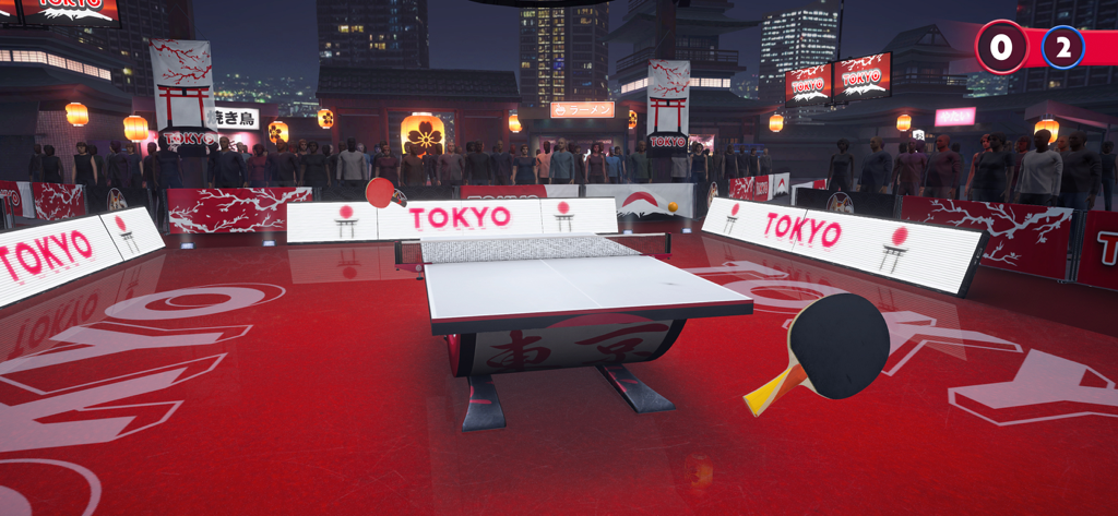 Partido de tenis de mesa en una arena virtual de Tokio de Ping Pong Fury.