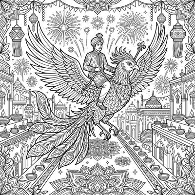 Embark on a mythical journey celebrating Diwali with this breathtaking coloring page featuring a magnificent Phoenix Rider. Dive into a world of intricate details, from dazzling fireworks to traditional diyas, ready for your creative touch.