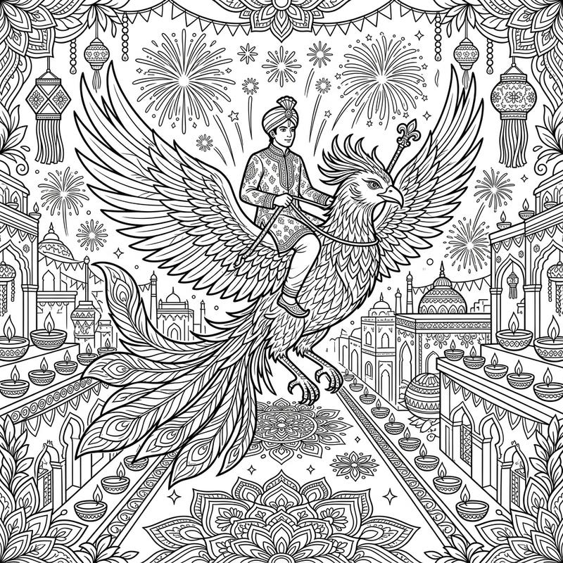Embark on a mythical journey celebrating Diwali with this breathtaking coloring page featuring a magnificent Phoenix Rider. Dive into a world of intricate details, from dazzling fireworks to traditional diyas, ready for your creative touch.