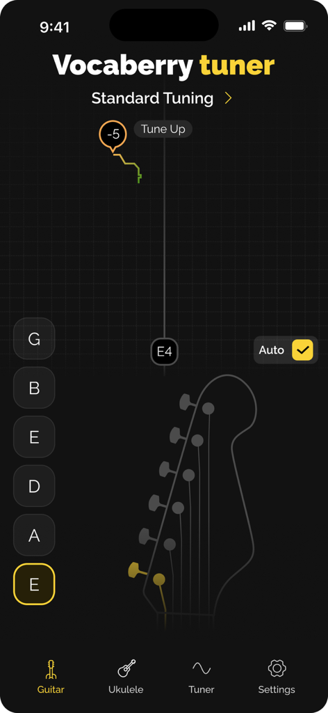 Vocaberry Tuner - Interfaz de la aplicación Vocaberry Tuner mostrando el modo de afinación estándar de guitarra con medidor de tono