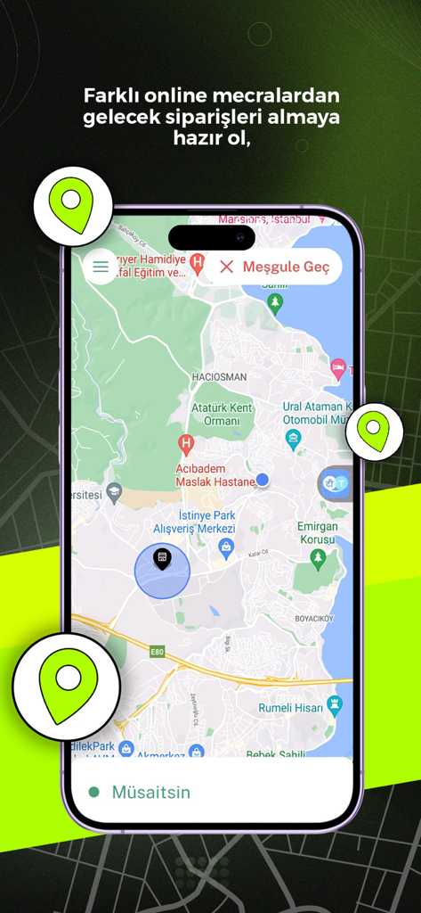 VigoKurye - VigoKurye mobile app interface showing a real-time delivery tracking map and courier availability status