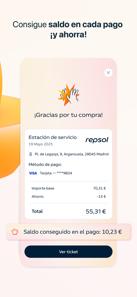 Waylet. Pagos con el móvil - Waylet app digital receipt showing fuel purchase savings and earned balance at a Repsol gas station