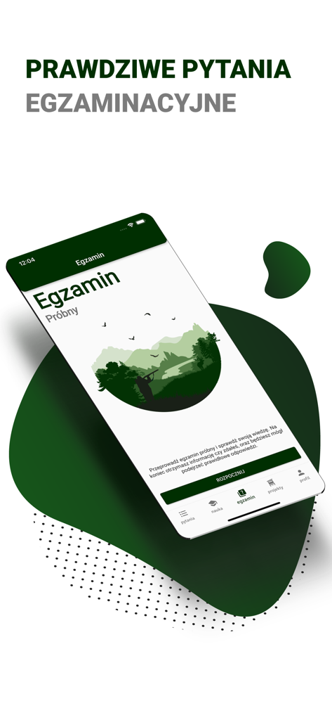 Pantalla de inicio de examen de simulación de la aplicación móvil Egzamin Łowiecki con ilustración de caza