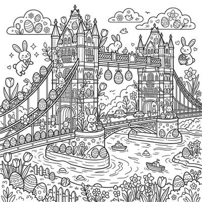 Embark on a delightful Easter journey with this charming coloring page, featuring an iconic bridge transformed into a festive scene. Discover playful bunnies, decorated eggs, and blooming spring flowers waiting for your creative touch.