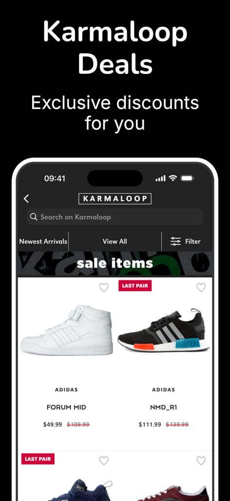 Karmaloop.com - Karmaloop app interface showing discounted Adidas sneakers and sale items.
