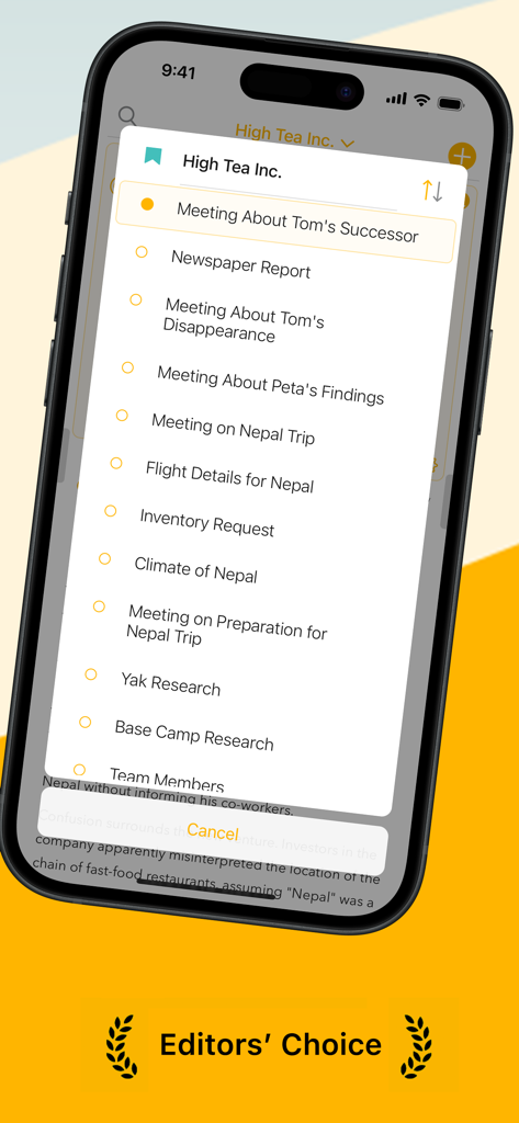 Agenda: Notes meets Calendar - Agenda app interface on iPhone displaying a list of project meetings and notes