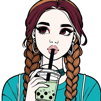 realistic girl with braided hair drinking boba