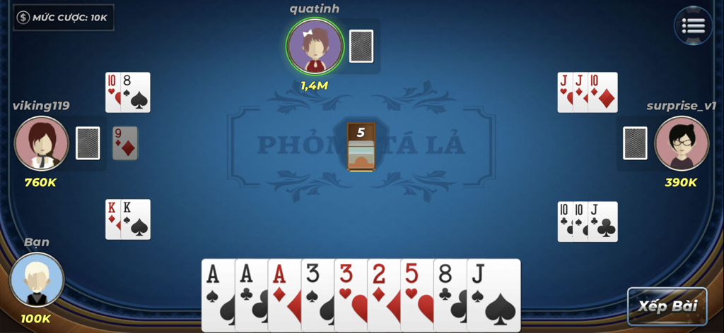 In-game screenshot of Phom Ta La Offline showing a four-player card match on a blue digital table.