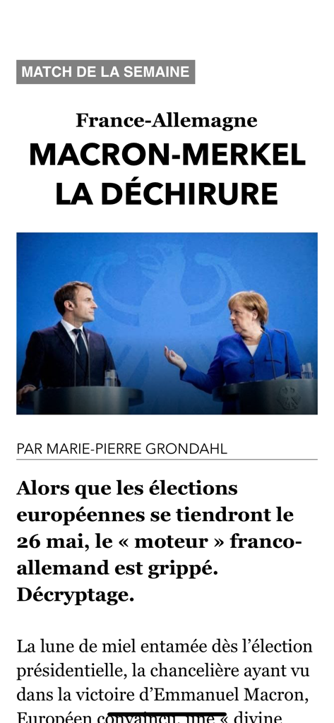 L'ancienne app Paris Match - Screenshot eines französischen Politikartikels über Macron und Merkel in der Paris Match App.