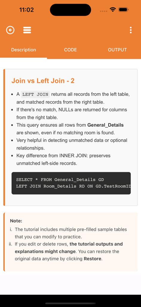 SQL Code Play - A tutorial screen in the SQL Code Play app explaining the difference between Join and Left Join with a code snippet