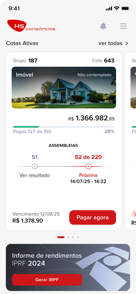 HS Consorcios app interface showing a real estate investment quota with payment progress and assembly dates