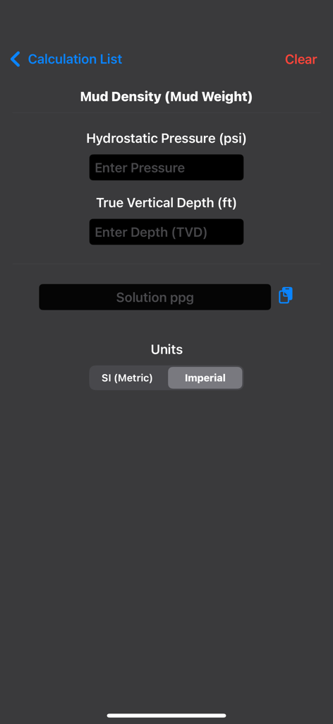 Petroleum Field Calculator - Mud density calculation interface in the Petroleum Field Calculator app