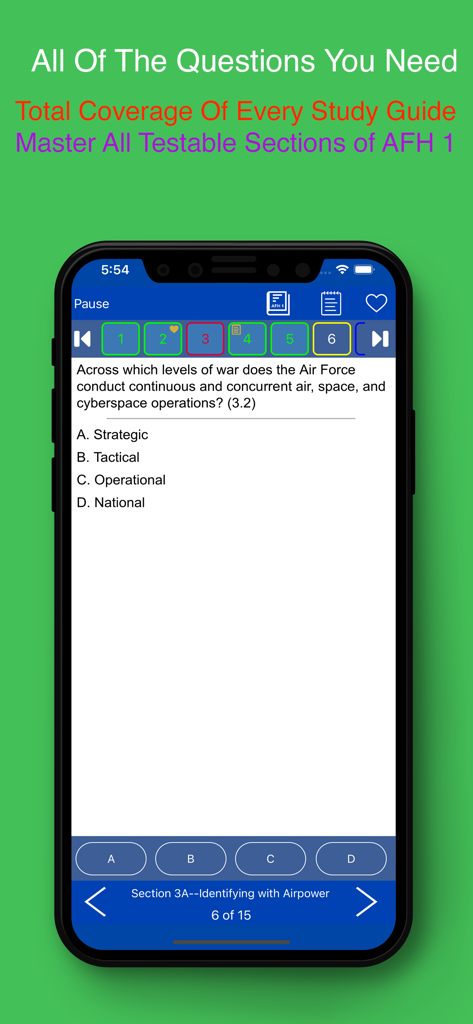 PDG PROmote 2025+ - Interface de l'application PDG PROmote montrant une question à choix multiples pour les tests de promotion de l'Air Force