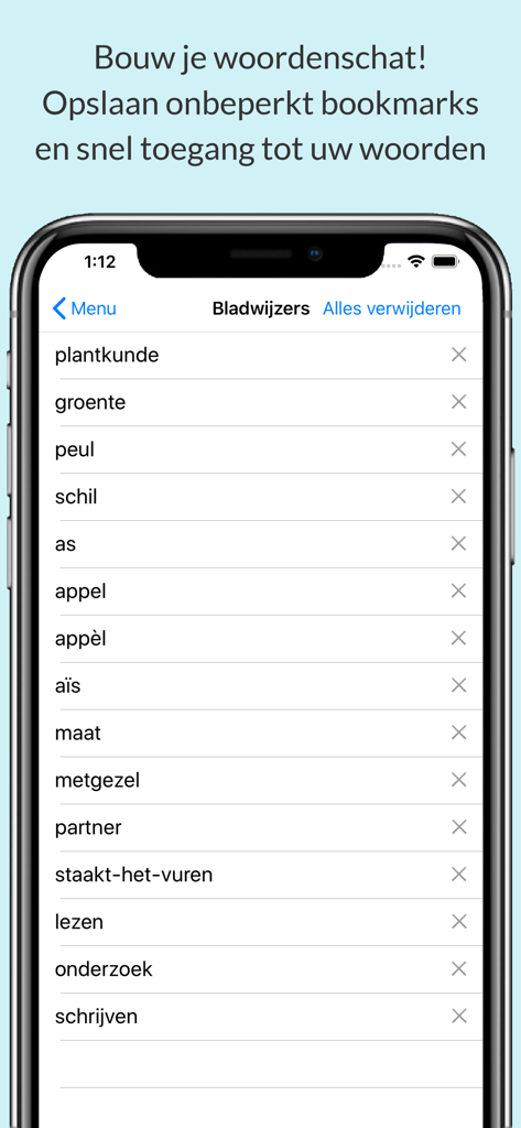 Ein mobiler Bildschirm, der eine Liste gespeicherter niederländischer Wörter in der Lesezeichenfunktion der Nederlands Woordenboek App zeigt.