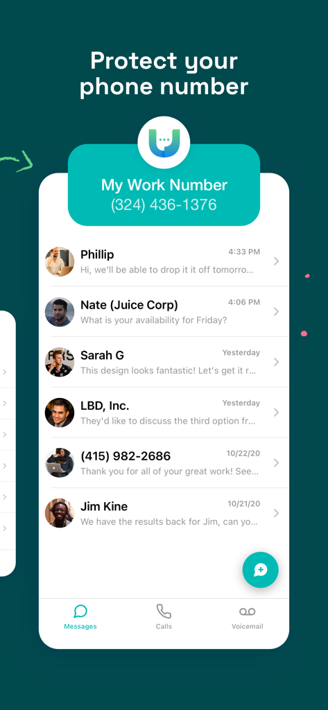 Second Texting Number:Unlisted - Screenshot of the Unlisted app interface showing a list of text messages received on a dedicated second work phone number