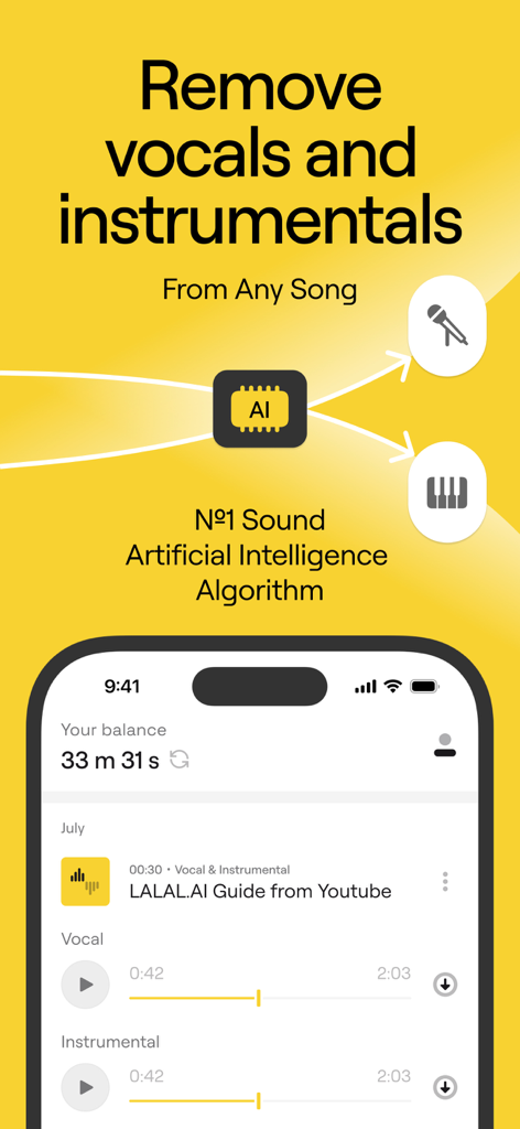 Vocal Remover & Noise Reducer - Interface de l'application mobile LALAL AI montrant la séparation vocale et instrumentale d'une chanson