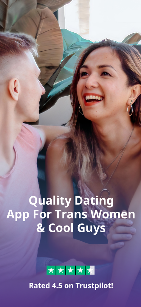 Glückliches Paar lächelt auf dem Werbebildschirm der My Transgender Date App
