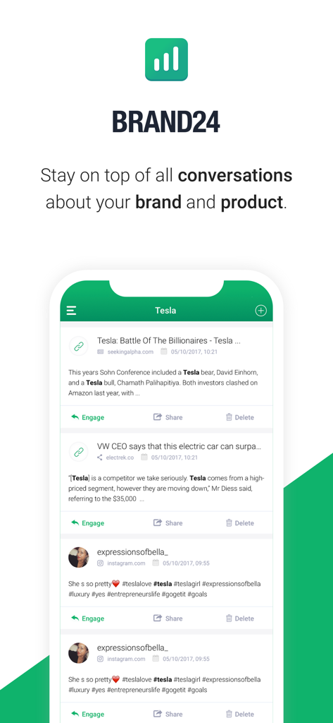 Captura de tela do aplicativo móvel Brand24 exibindo um feed de menções de mídia em tempo real e resultados de social listening para uma marca