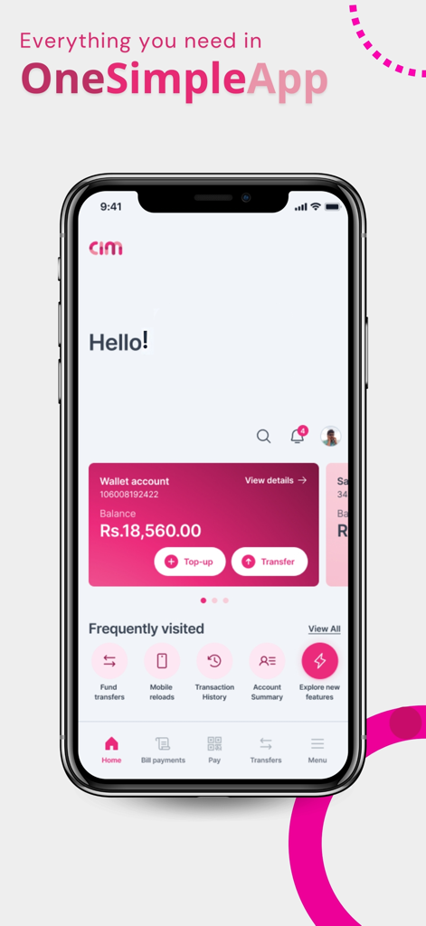 LB CIM - Pantalla de inicio de la aplicación LB CIM mostrando el saldo de la billetera y acciones bancarias rápidas