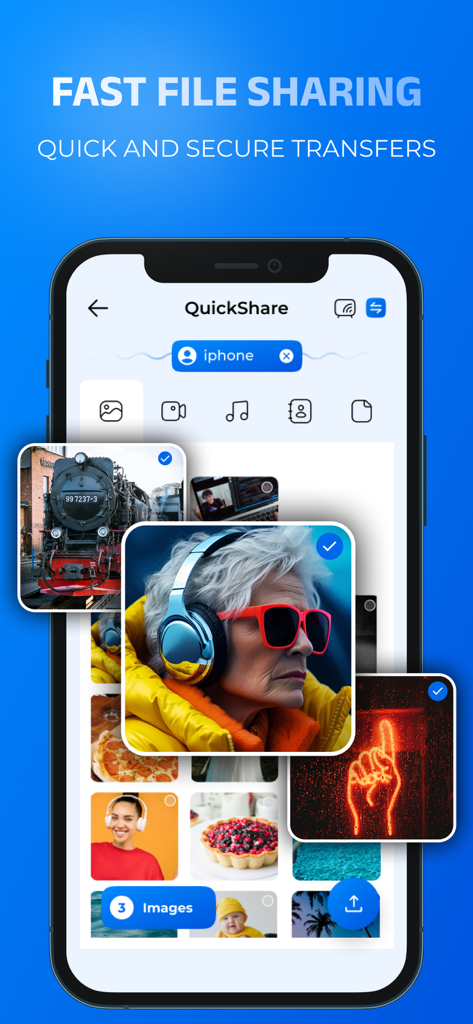 Quick Share: Fast File Sharing - Interfaz de la aplicación Quick Share en un smartphone mostrando la selección de la galería de fotos para la transferencia rápida de archivos.