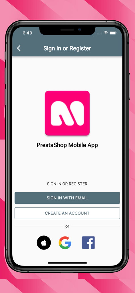 PrestaShop Mobile App - A tela de login e registro do Aplicativo Móvel PrestaShop mostrando botões de login social e opções de criação de conta