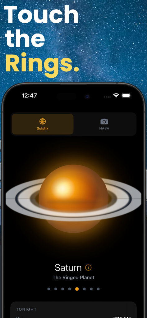 Solstix - A screenshot of the Solstix app showing a hand-crafted illustration of Saturn and its rings