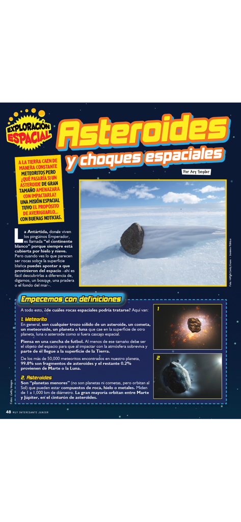 Muy Interesante Junior - Educational article in Spanish about asteroids and space exploration for children