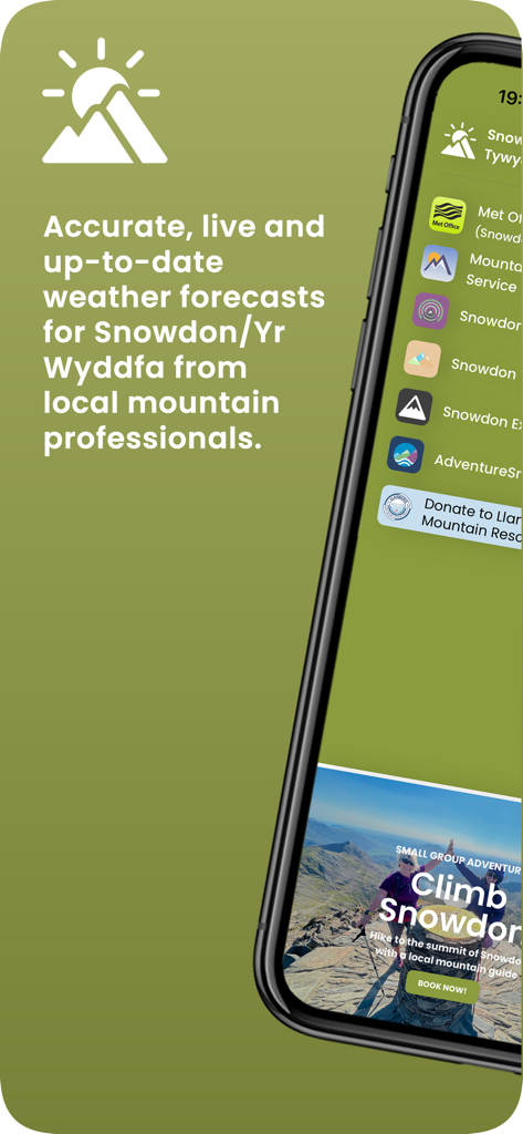 Snowdon Summit Weather - Snowdon Summit Weather app interface showing mountain weather forecasts and hiking safety information