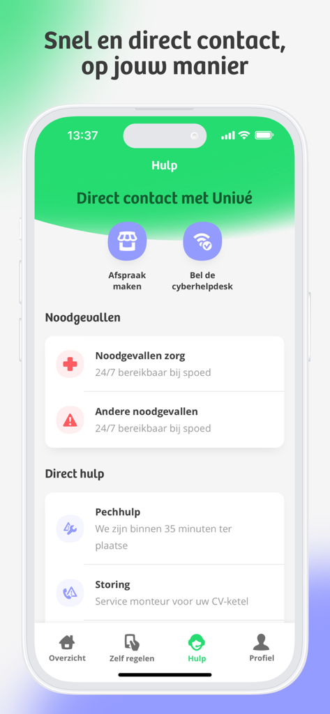 Univé app help screen showing emergency contact options for health care, roadside assistance, and home repairs