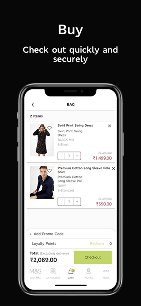M&S India - M&S India mobile app shopping bag screen showing items in cart and checkout button