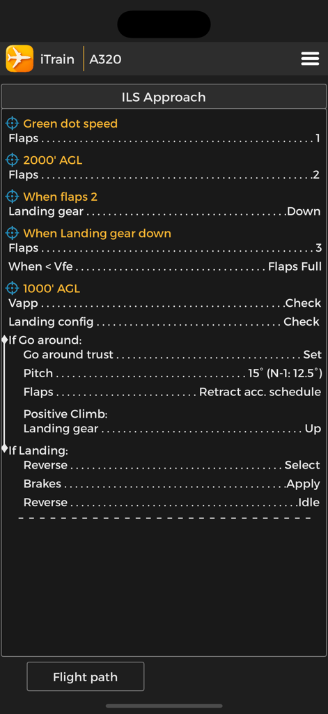 iTrain A320 - Screen from the iTrain A320 app displaying the ILS Approach flight path procedure and memory items for pilots.
