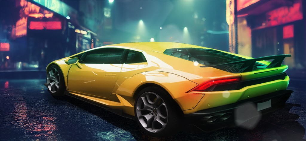 Coche deportivo amarillo de alto rendimiento aparcado en una calle de ciudad iluminada con neones por la noche.