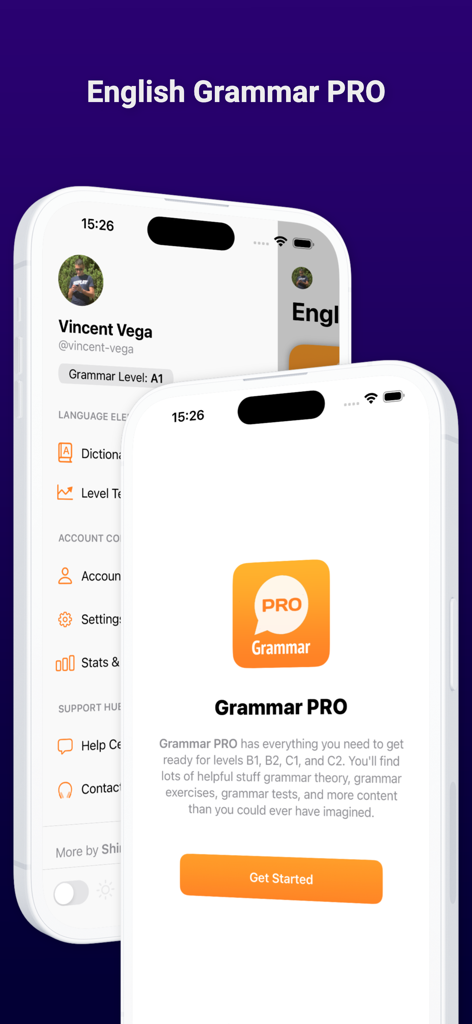 English Grammar Test PRO - User interface of English Grammar PRO app showing levels B1 to C2 and profile settings