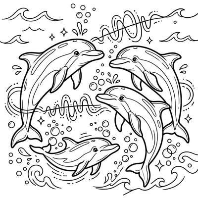 Explore the fascinating world of dolphins with this engaging coloring page designed for kids. Watch as four playful dolphins 'talk' to each other amidst a flurry of bubbles and cheerful sound waves, ready for your creative touch.