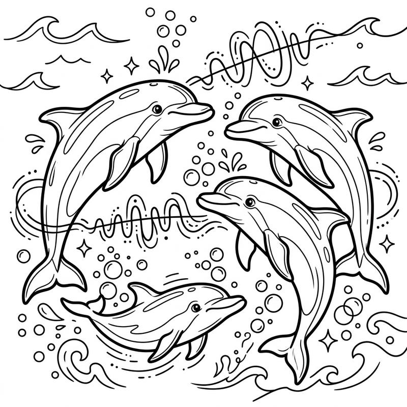Explore the fascinating world of dolphins with this engaging coloring page designed for kids. Watch as four playful dolphins 'talk' to each other amidst a flurry of bubbles and cheerful sound waves, ready for your creative touch.