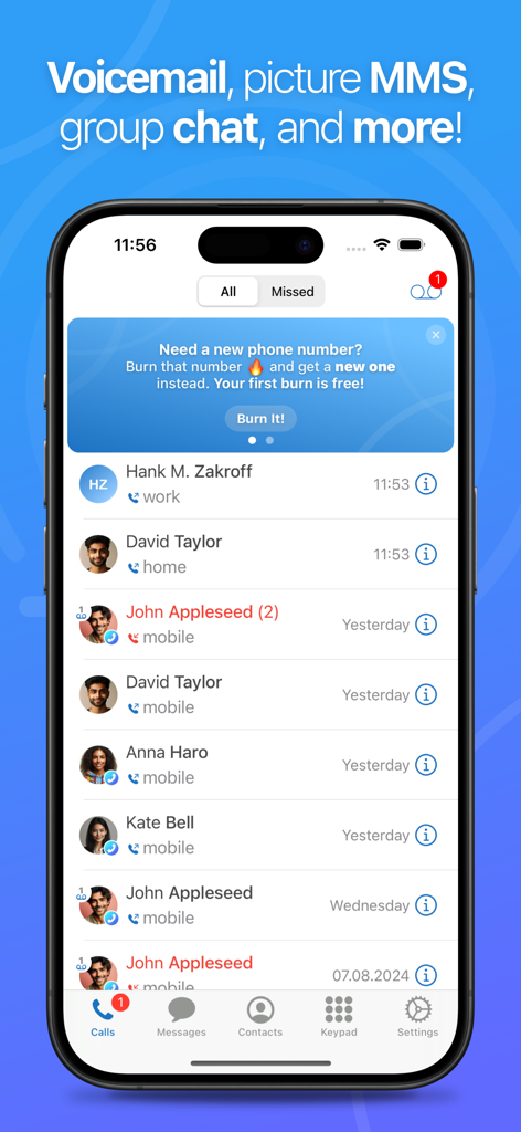 Screenshot of the Talkatone app call history screen on an iPhone showing a list of recent calls and a banner to get a new burner number.