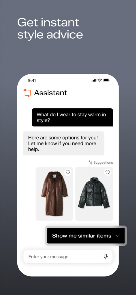 Zalando – Online fashion - Chat-Oberfläche des Zalando KI-Modeassistenten, der Stil-Empfehlungen für Wintermäntel anbietet.