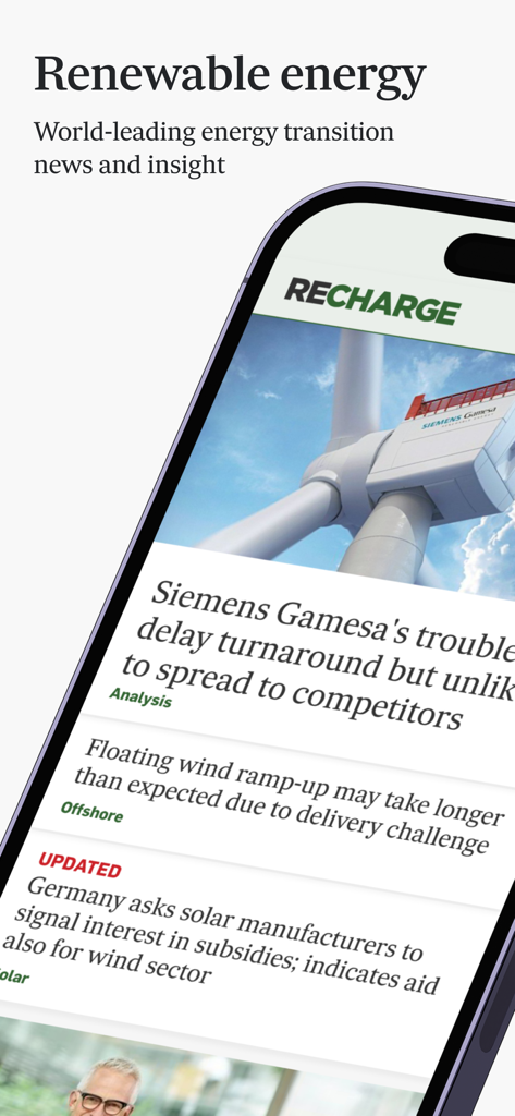 Oberfläche der Recharge News App mit Schlagzeilen zu erneuerbaren Energien auf einem Smartphone