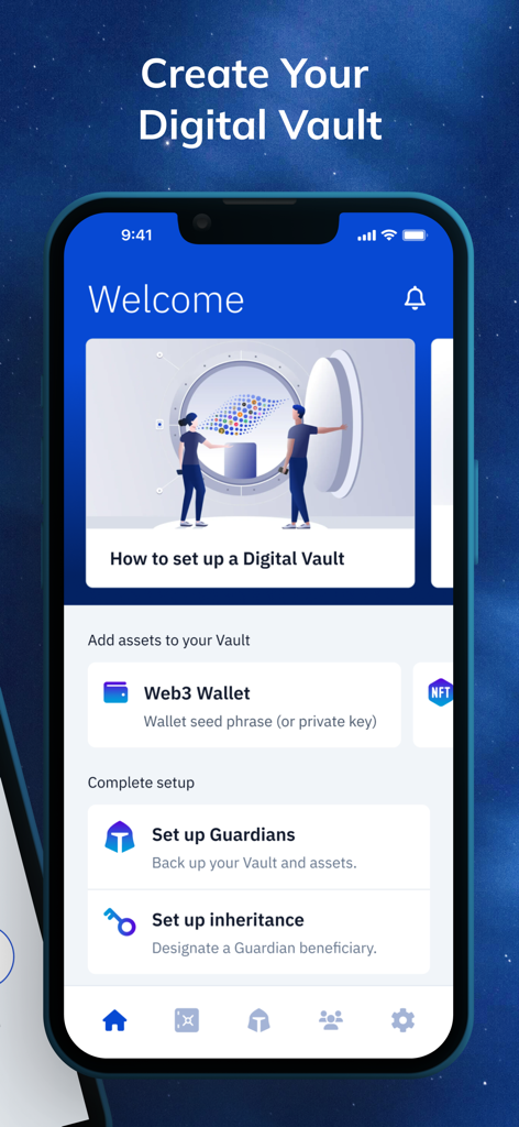 Vault12 Guard mobile app welcome screen showing options to set up a digital vault and crypto inheritance