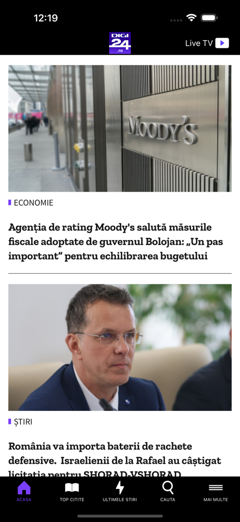 Digi24 - Interface of the Digi24 news application showing headlines about the economy and national news in Romanian.