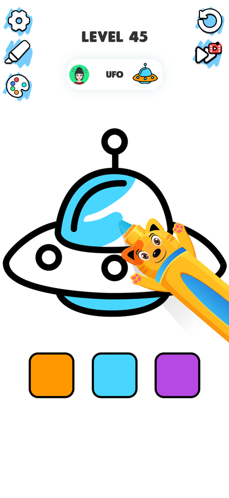 Color ASMR Game: Coloring Page - A digital coloring page of a UFO being colored blue with a cat-shaped marker in a relaxing mobile game.