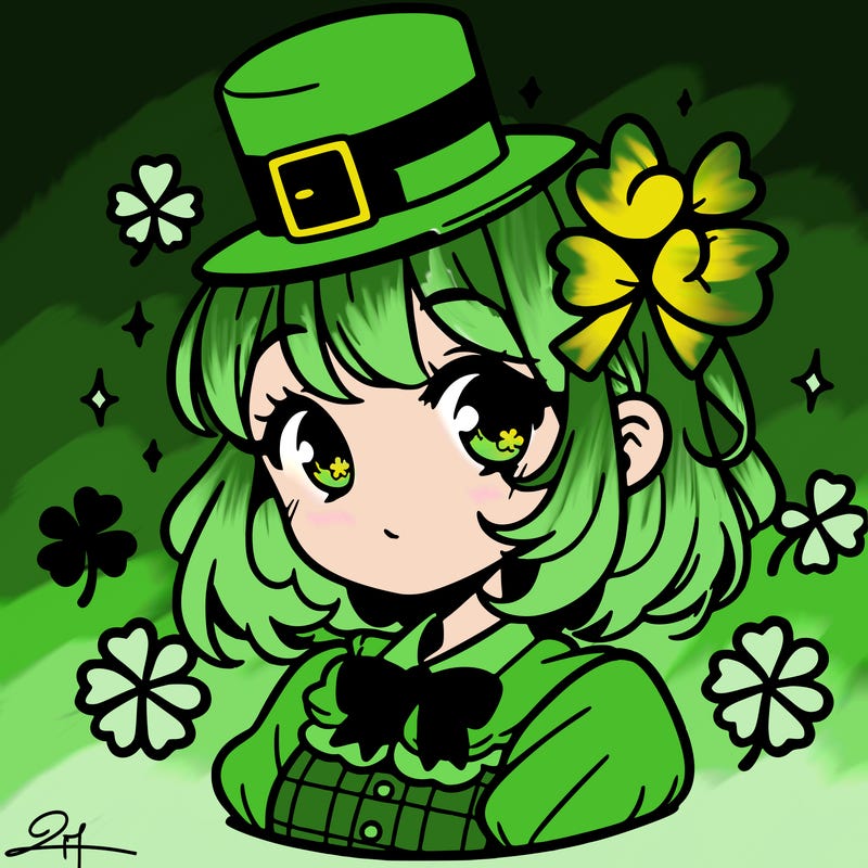 a manga-style girl with clovers around her, a little hat in her hair, like it's saint patrick's day