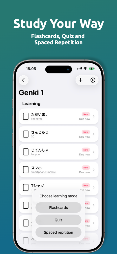Simple Anki mobile interface displaying Japanese language flashcards and a menu to select between Flashcards Quiz and Spaced Repetition modes