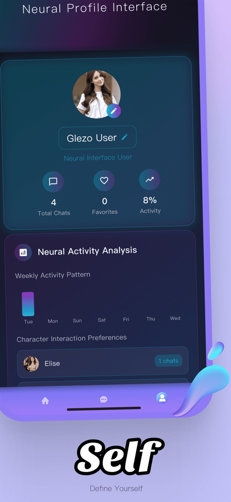 Neuronale Profiloberfläche der GZO-App, die eine Analyse der Benutzeraktivität und Präferenzen für die Interaktion mit KI-Beratern anzeigt.