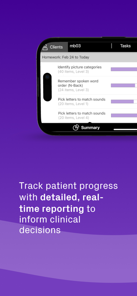 Una pantalla móvil que muestra la aplicación Constant Therapy Clinician mostrando el progreso del paciente en tiempo real y las herramientas de informes
