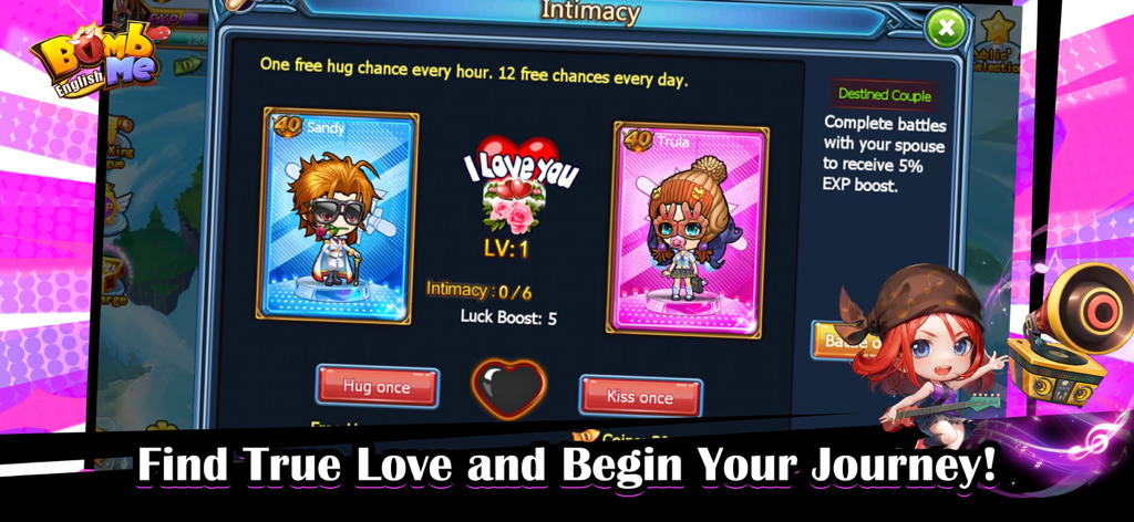 Intimitäts- und Heiratssystem in Bomb Me English mit Chibi-Charakteren und Romantikoptionen